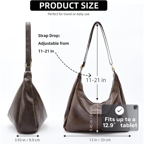 Stylish Vegan Leather Tote Bag: Adjustable Slouchy Hobo for All Occasions - Picture 3 of 6